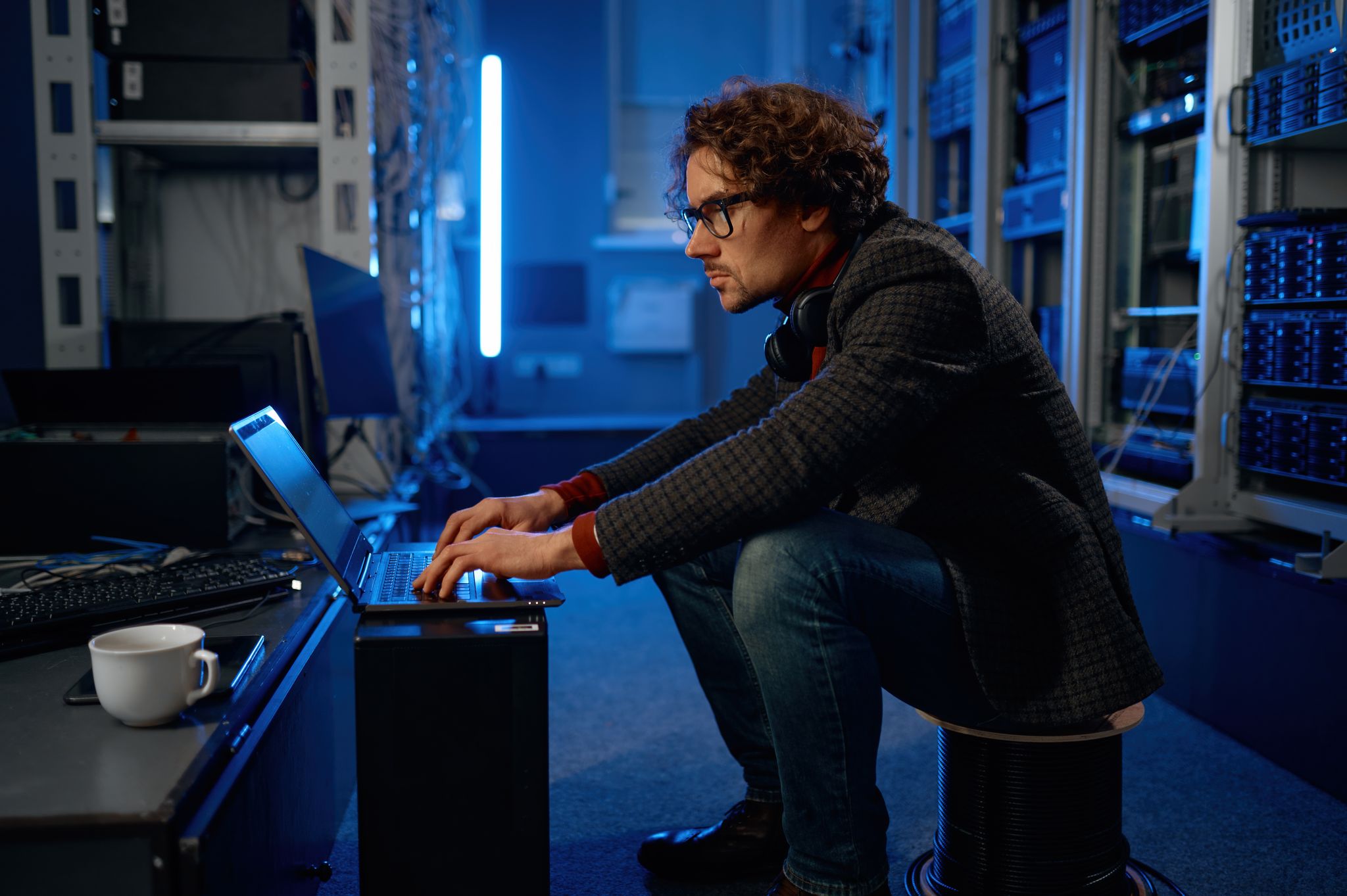 it-technician-using-laptop-while-working-with-essential-equipment-data-center-it-professional-taking-coffee-break